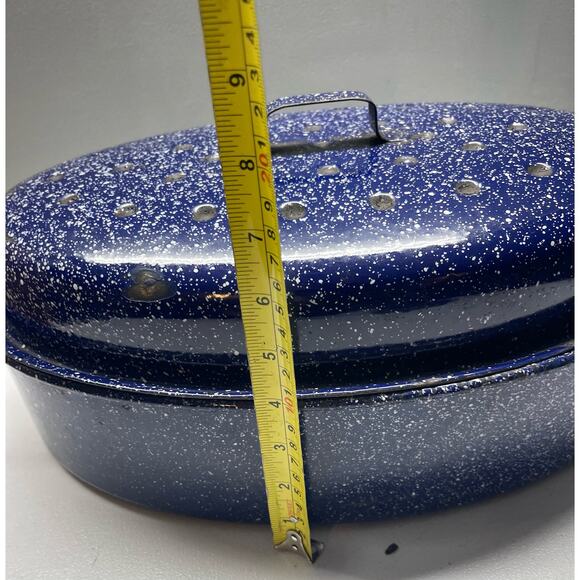 Granite Ware Medium Roasting Pan with Lid 17” X 7” Oval Blue Speckled Domed Lid - Picture 4 of 10